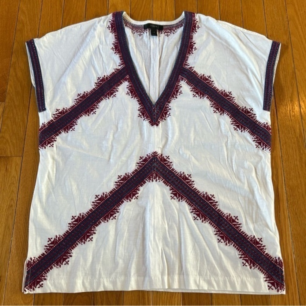 J.Crew White Red Blue Embroidered V-Neck Cap Sleeve Top Shirt Womens Size Small
